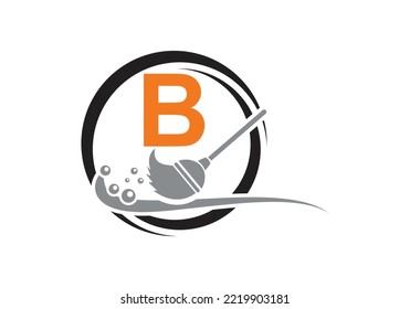 House Cleaning Logo On Letter B With Water Spa And Leaf Concept. Maid Logo, Cleaning Brush Icon, Water Drop Template.