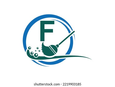 House Cleaning Logo On Letter F With Water Spa And Leaf Concept. Maid Logo, Cleaning Brush Icon, Water Drop Template.