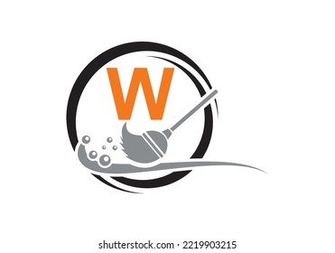 House Cleaning Logo On Letter W With Water Spa And Leaf Concept. Maid Logo, Cleaning Brush Icon, Water Drop Template.