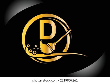 House Cleaning Logo On Letter D With Water Spa And Leaf Concept. Maid Logo, Cleaning Brush Icon, Water Drop Template.