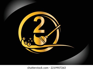 House Cleaning Logo On Letter 2 With Water Spa And Leaf Concept. Maid Logo, Cleaning Brush Icon, Water Drop Template.
