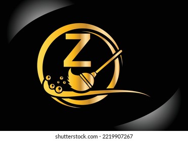 House Cleaning Logo On Letter Z With Water Spa And Leaf Concept. Maid Logo, Cleaning Brush Icon, Water Drop Template.
