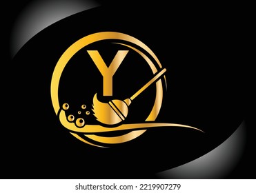 House Cleaning Logo On Letter Y With Water Spa And Leaf Concept. Maid Logo, Cleaning Brush Icon, Water Drop Template.