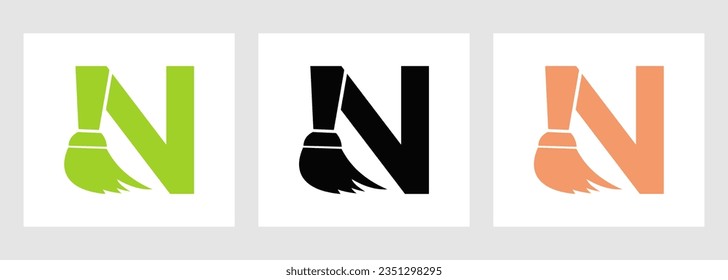 House Cleaning Logo On Letter N Concept With Clean Brush Icon. Maid Service Symbol