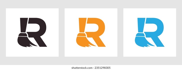 House Cleaning Logo On Letter R Concept With Clean Brush Icon. Maid Service Symbol