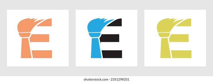 House Cleaning Logo On Letter E Concept With Clean Brush Icon. Maid Service Symbol