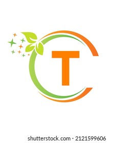 House Cleaning Logo On T Letter Design. Letter T Cleaning Service House Logo Template Vacuum Cleaner, Bucket, Spring Cleaning Logotype