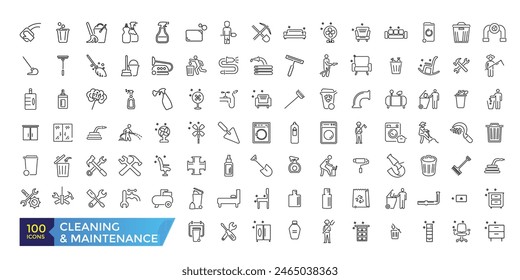 House Cleaning and Maintenance Icons Set. Broom, Dustpan, Vacuum cleaner. Simple Icons Vector Collection. Editable ui stroke.