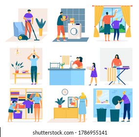House cleaning and people doing housework, set of flat cartoon vector illustration. Men, women and children washing dishes, cleaning windows, vacuuming carpet, folding clothes, picking up garbage.