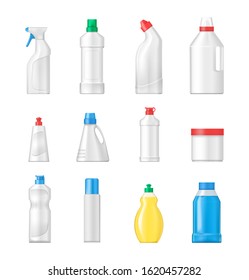 House cleaning plastic products realistic mockup set vector isolated. Cleaning products for home, household. Plastic bottles differents shapes template for household chemicals bleach, spray, gel