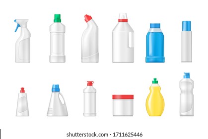 House cleaning plastic products realistic mockup set isolated. Cleaning products cleaning supplies for home, household. Plastic bottles differents shapes template for toilet bathroom cleaning vector