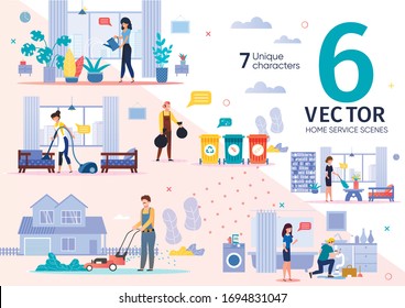 House Cleaning, Plumbing Service Employees Routine Trendy Flat Vector Scenes Set. Female, Male Workers Characters Throwing Out Waste, Moving Lawn, Repairing Pipe Leakage, Dusting at Home Illustrations