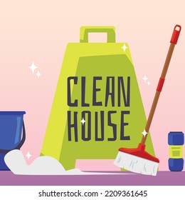 House cleaning poster, flat vector illustration. Broom sweeping floor, bucket and detergent package. Sign with clean house text. Concept of household chords.