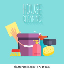 House Cleaning. Poster template for house cleaning services with various cleaning tools.