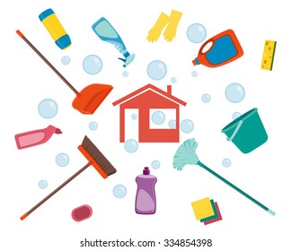 House cleaning. Poster tools for cleaning on a white background and soap bubbles. Vector illustration