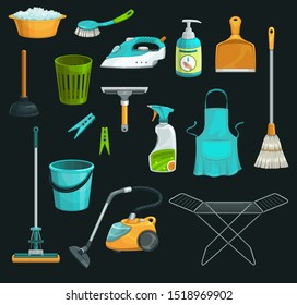 Iconos de productos de limpieza doméstica de los suministros domésticos de diseño vectorial. Frasco detergente, cubo y jabón, pulverización de ventanas, escoba y escoba, aspiradora, cepillo y polvo, cesta de residuos, exprimidor y émbolo