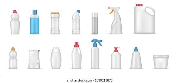 House cleaning products realistic mockup. Cleaning supplies for home, chemistry sprays household, realistic template bottles different shapes on white background for toilet, bathroom, household.