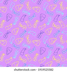 Productos de limpieza de casa sin fisuras. Fondo vectorial de las señales planas en línea delgada. Concepto de servicios de limpieza y lavandería.