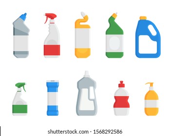 House cleaning products. Set of plastic detergent bottles isolated on white background