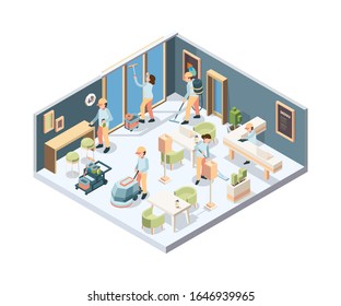 House cleaning. Professional cleaning service person in gloves sponge polishing window and floor in room vector isometric