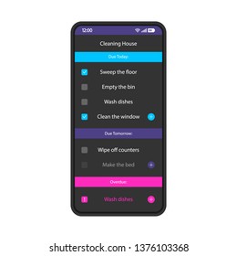 House cleaning schedule smartphone interface vector template. Mobile app page black design layout. Cleaning calendar, organizer screen. Flat UI for application. Weekly to do list. Phone display