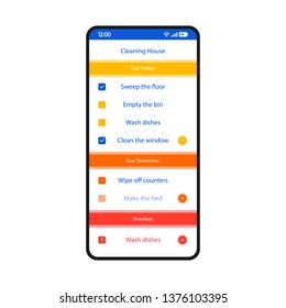 House cleaning schedule smartphone interface vector template. Mobile app page white design layout. Cleaning calendar, organizer screen. Flat UI for application. Weekly to do list. Phone display