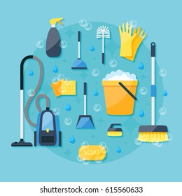 House cleaning service colorful flat design vector icon set