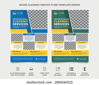 house cleaning service flyer template design, two color variation. four images can be used in the template, it can be used for cleaning business as leaflet, brochure cover, poster etc. vector a4 size