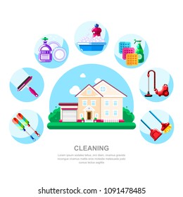 House cleaning service and housework concept. Cottage, household tools and supplies, vector illustration.