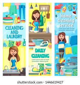 House cleaning service and housework vector design of cleaning, laundry, cooking and washing dishes. Housewife, professional cleaner or maid doing household chores with broom, brush and gloves