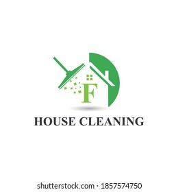 House Cleaning Service with Initial F Letter, broom and shiny icon Concept Logo Design Template. Home maintenance business	