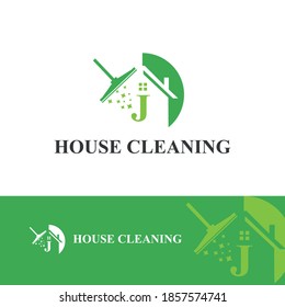 House Cleaning Service with Initial J Letter, broom and shiny icon Concept Logo Design Template. Home maintenance business	
