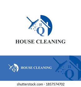 House Cleaning Service with Initial Q Letter, broom and shiny icon Concept Logo Design Template. Home maintenance business	