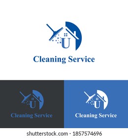 House Cleaning Service with Initial U Letter, broom and shiny icon Concept Logo Design Template. Home maintenance business	