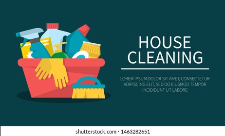 House cleaning service isolated web banner. Spray, spong and brush, equipment for domestic work. Bottle with chemical product and soap, vector illustration.