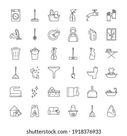 House cleaning service line art icon set. Vector illustration of flat signs in thin line style. Concept of Services for cleaning and laundry.