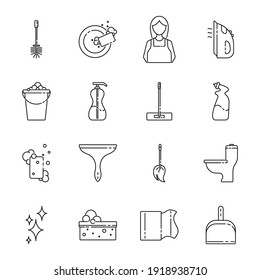 House cleaning service line art icon set. Vector illustration of flat signs in thin line style. Concept of Services for cleaning and laundry.