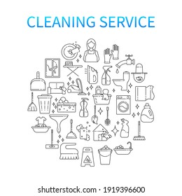 House cleaning service line art icon set. Vector illustration of flat signs in thin line style. Concept of Services for cleaning and laundry.