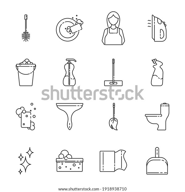 House cleaning service line art icon set. Vector\
illustration of flat signs in thin line style. Concept of Services\
for cleaning and\
laundry.