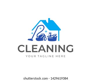 House cleaning service logo design. House with vacuum cleaner, bucket and cleaning products vector design. Spring cleaning logotype