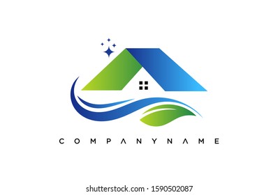 house cleaning service logo template, for your company, with water, leaves and house. vector icon