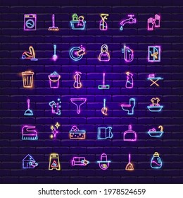 House cleaning service neon icon set. Vector illustration of flat signs in glowing style. Concept of Services for cleaning and laundry.