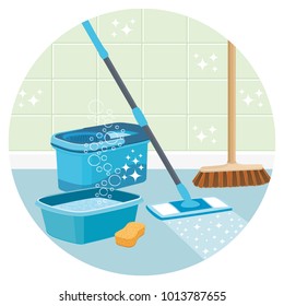 House cleaning service round vector icon.