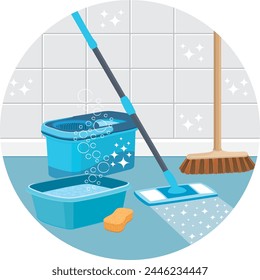House cleaning service.  Round vector icon. Broom, bucket, mop, basin and sponge. Hand drawn illustration.