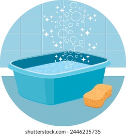 House cleaning service.  Round vector icon. Basin and sponge. Hand drawn illustration.