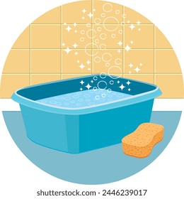 Servicio de limpieza de casas.  Icono de Vector redondo. Lavabo y esponja. Ilustración dibujada a mano azul y amarillo.