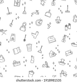House cleaning service seamless pattern. Vector background of flat signs in thin line style. Concept of Services for cleaning and laundry.