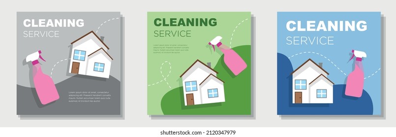 House cleaning service social media post, square banner set, living space maintenance advertisement concept, sanitizer clean apartment marketing ad, abstract modern flyer, isolated on background.