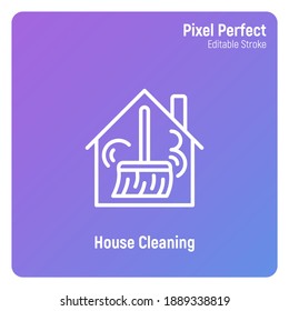 Hausreinigung durch Dünnliniensymbol. Zimmer im Haus. Pixel perfekt, bearbeitbarer Strich. Vektorgrafik.