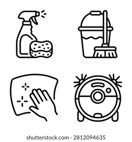 House cleaning service vector line icon set featuring spray bottle mop bucket and robotic vacuum cleaning maintenance janitorial sanitation
